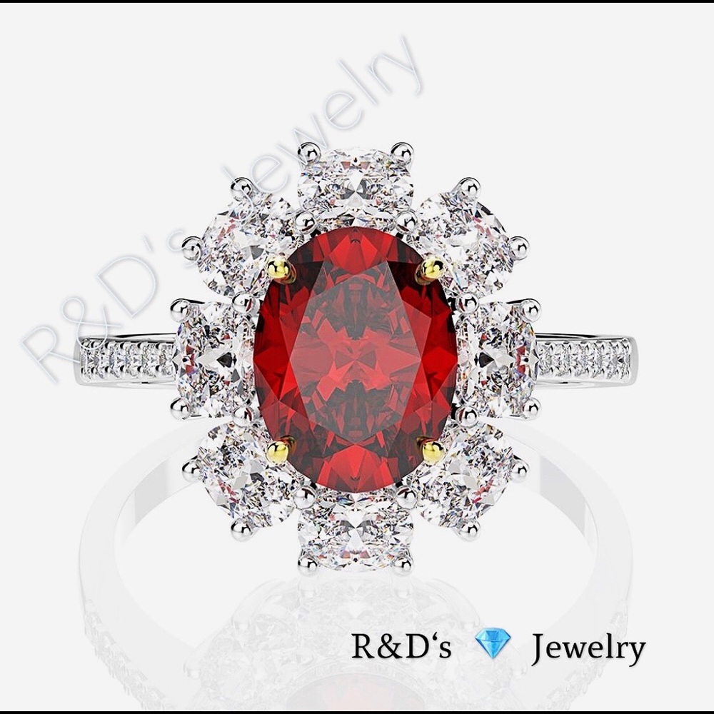 S925 2ct Halo ring, red oval cut gemstone